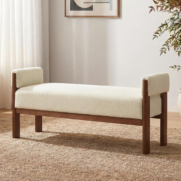 51.8"End of Bed Bench Upholstered Bedroom Bench with Arms, Beige | Solid Rubberwood Legs, Soft Fabric, Thickened seat