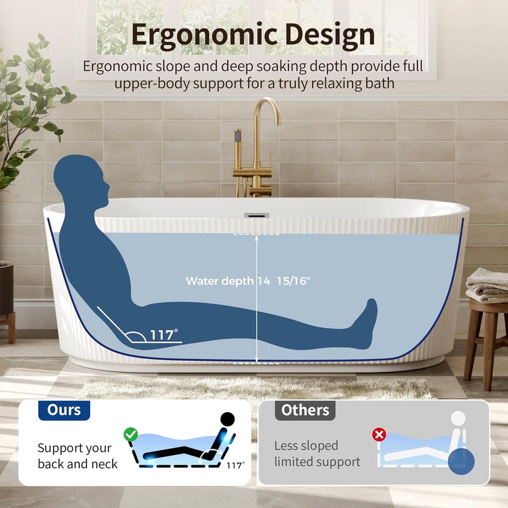 67" Acrylic Freestanding Bathtub, Easy Install Standalone Deep Soaking Tub with Fluted Design, Modern Ergonomic