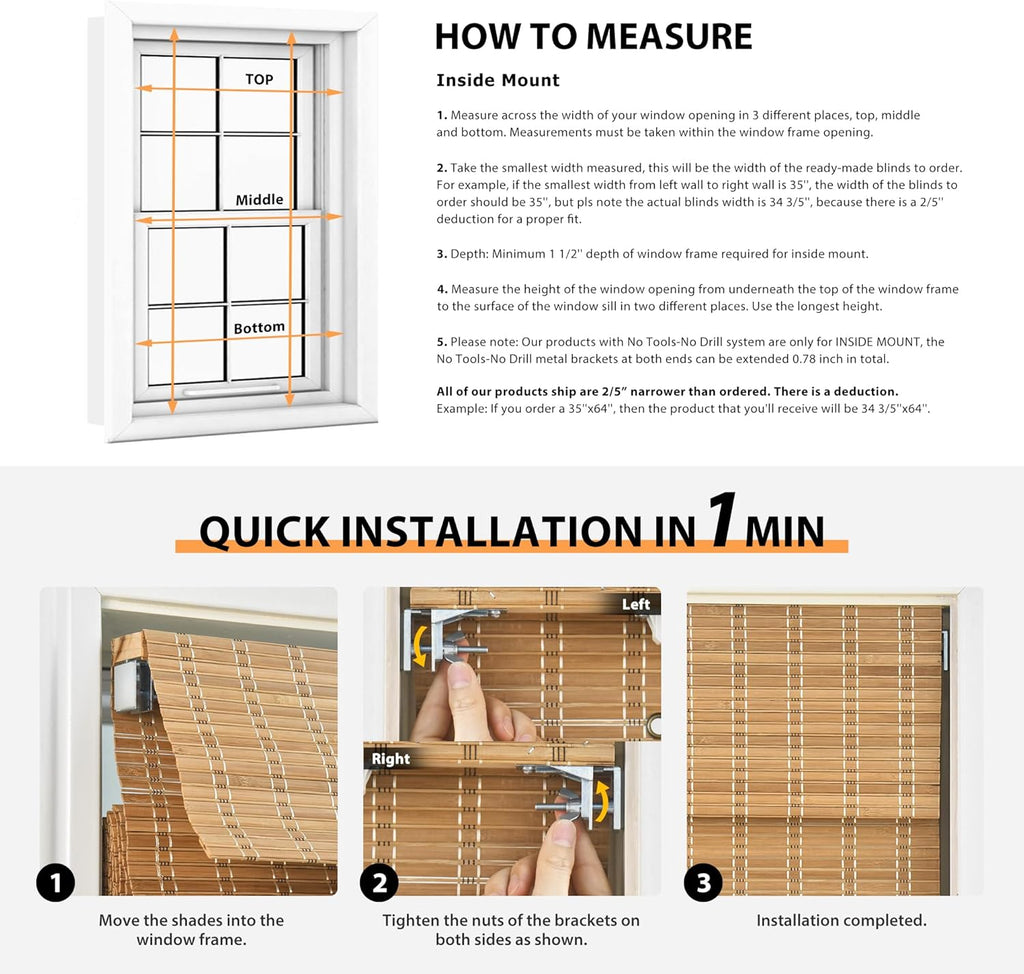 No Drill Bamboo Roman Shades, 34x64, Ceylon Light Russet | Light Filtering Window Treatment, No Tools Cordless Roll