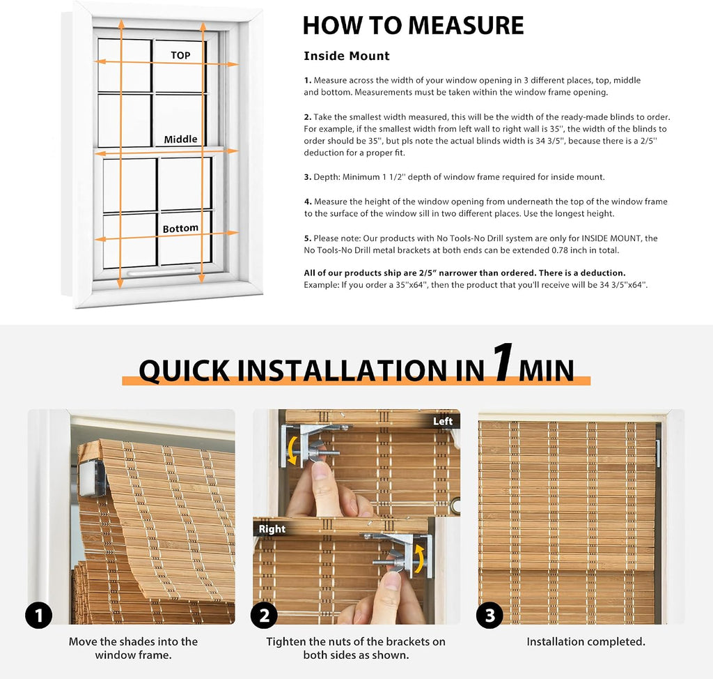 No Drill Bamboo Roman Shades, 22x64, Tuscan B | Light Filtering Window Treatment, No Tools Cordless Roll Up Bamboo