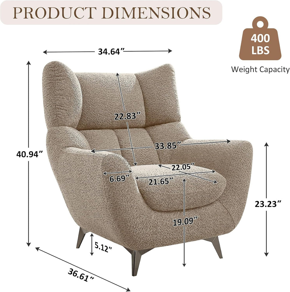 34.6" Oversized Accent Chair with WingBack, Teddy Boucle Camel | High Back, Wide Armrests, Metal Legs, Cozy Deep Seat