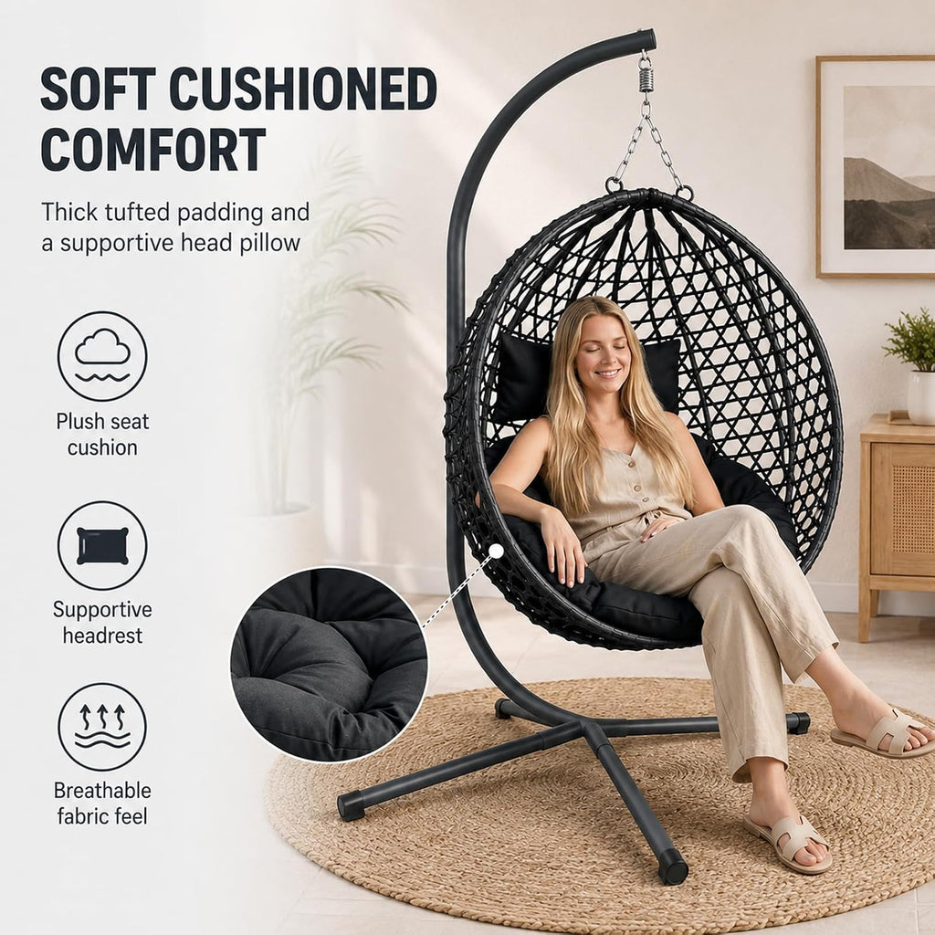PE Rattan Hanging Egg Chair with Stand, Outdoor Folding Hammock Swing Chair Balcony Backyard Bedroom, Heavy Duty