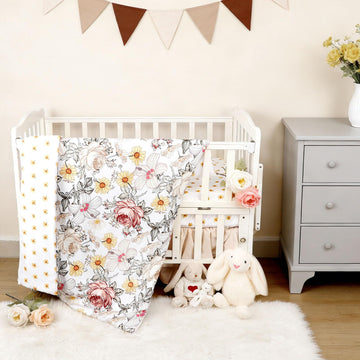 4-Piece Crib Bedding Set for Girls, Boho Baby Girl Bedding Set with Crib Skirt, Baby Quilt, Crib Sheet and Diaper