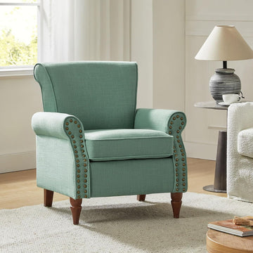 Accent Chair with Wood Legs & Removable Cushion, Modern Wingback Armchair with Nailhead Trim, Comfy Upholstered