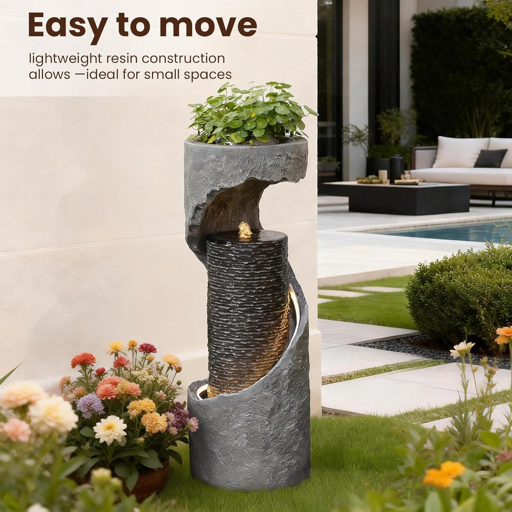 35.5" H Water Fountain with Planter, Modern Spiral Waterfall for Outdoor and Indoor