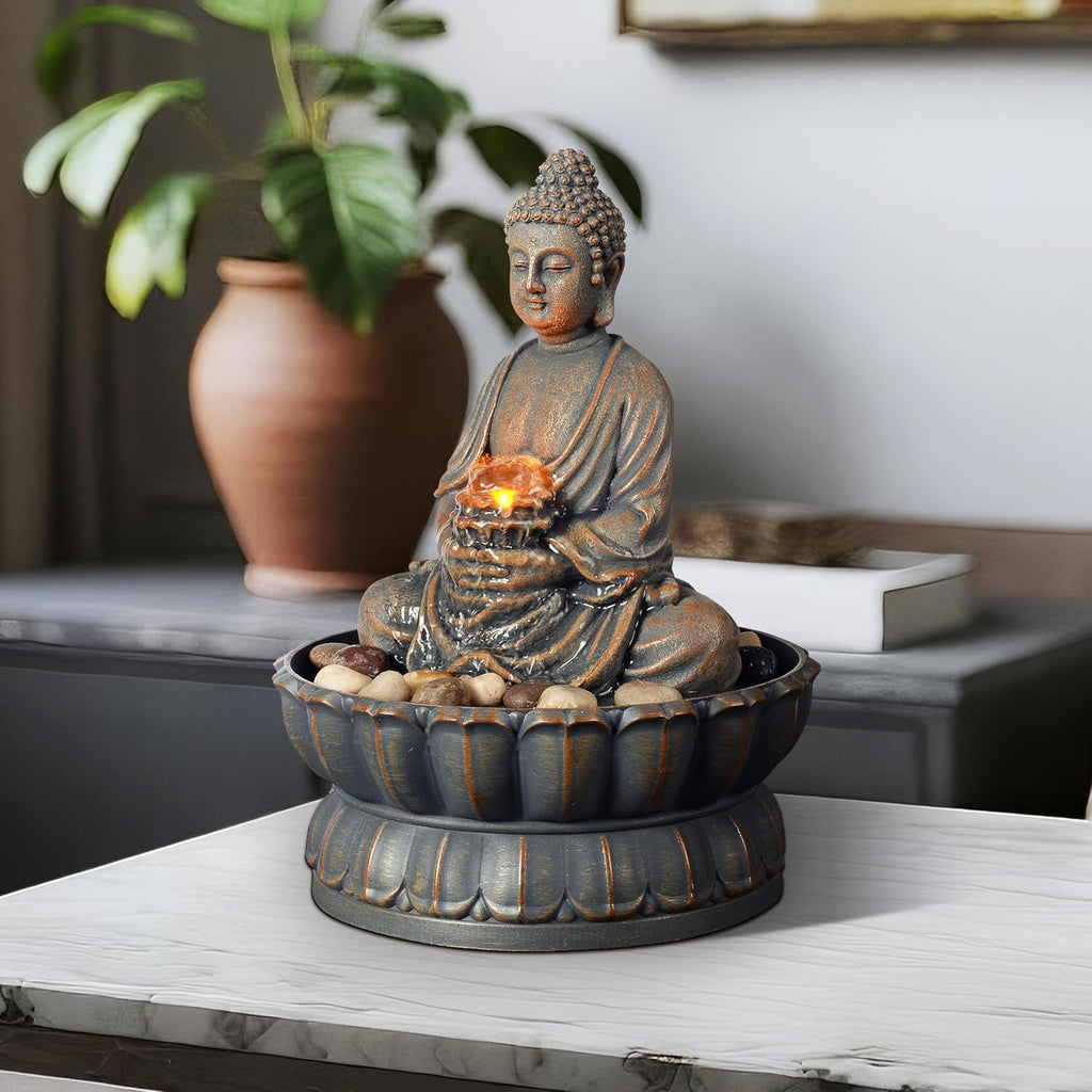 Home Décor 9.6" Tabletop Fountain Exquisite Smile Sitting Buddha Fountains Desk Water Fountain Decorative Zen
