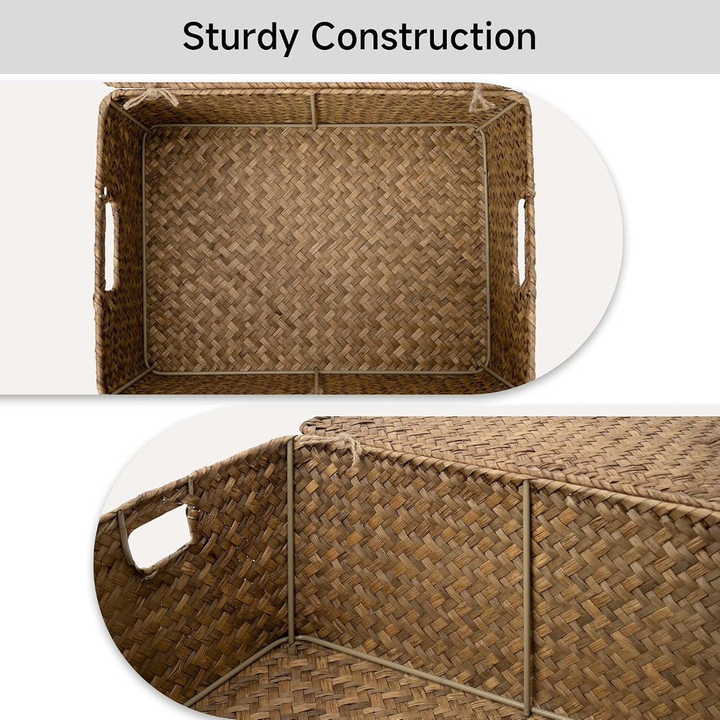 Wicker Baskets with Lid for Organizing, Seagrass Storage Baskets for Shelves, Decorative Box with Built-in Handles