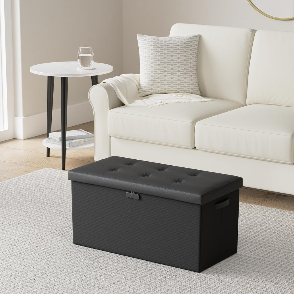 Storage Ottoman Bench with Lock,Fireproof 30 Inches Folding Bench Foot Rest Stool Storage Chest Safe ,Waterproof