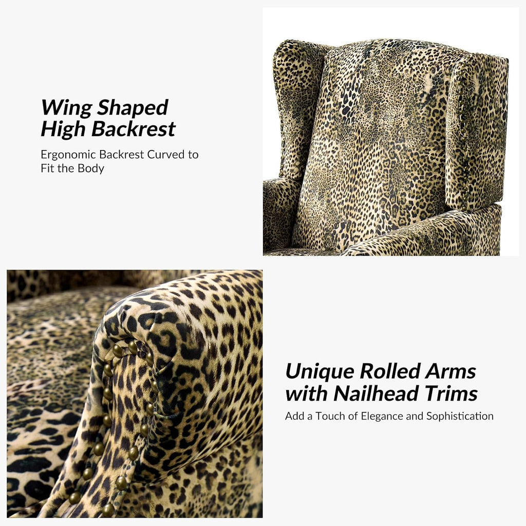 Wingback Accent Chair with Leopard Print Fabric, Retro Armchair with Nailhead Trim and Solid Wood Legs, Comfortable