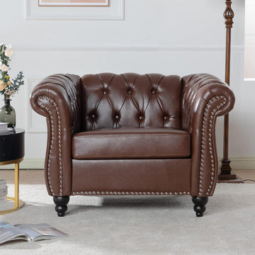 Leather Chesterfield Chair, Mid-Century Modern Single Sofa Chair, Tufted Upholstered Rolled Armchair Bedroom Reading