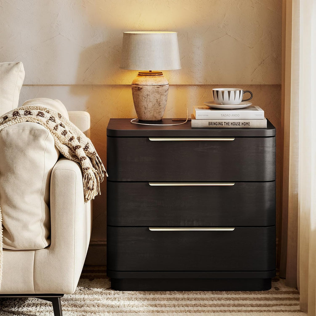 Black Nightstand with Charging Station, Modern Wood Nightstand Black Bedside Table, Wooden Nightstands with 3 Drawers