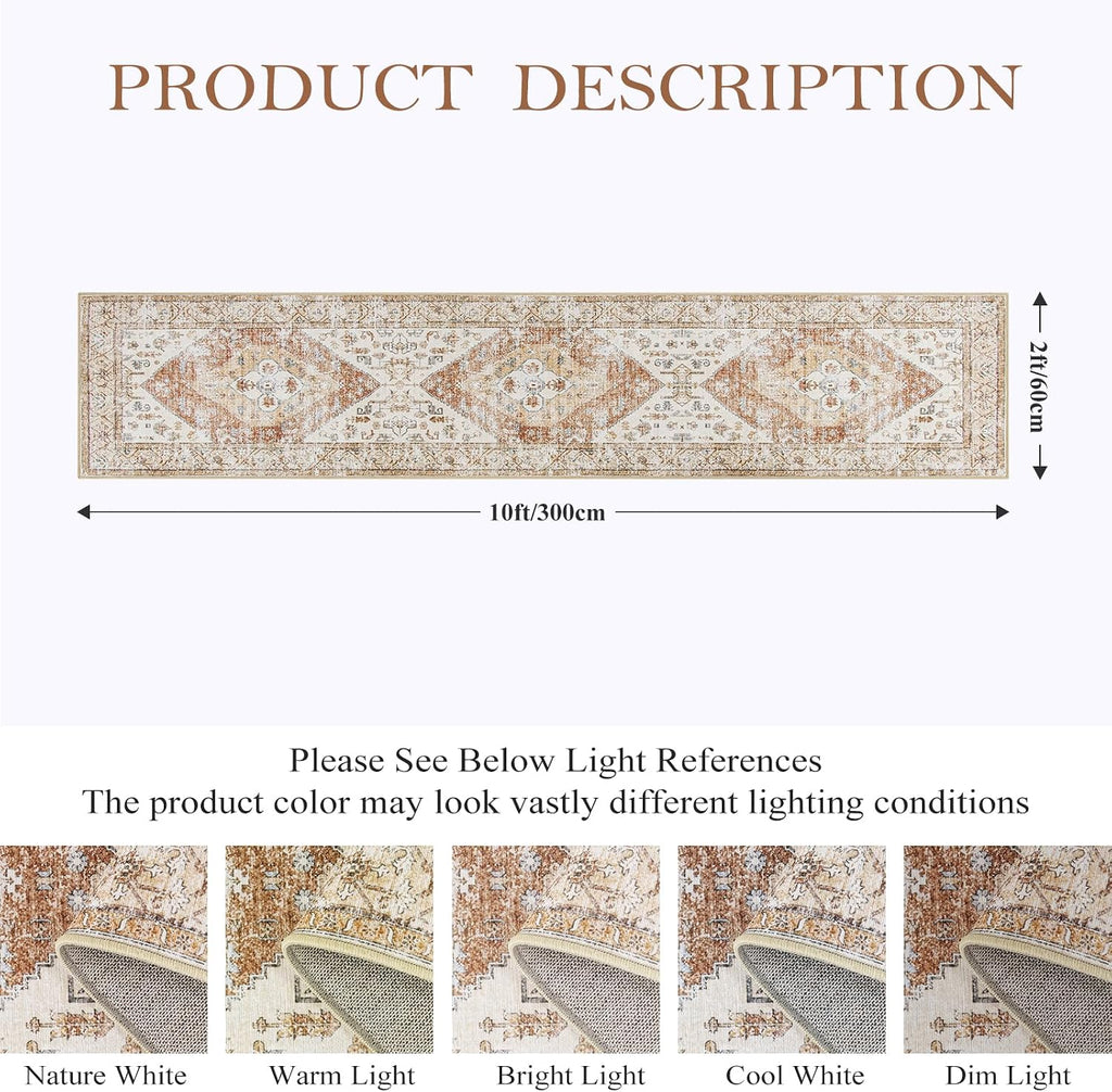 Boho Carpet Runners 2x10 Washable Non-Slip Runner Rug Non-Shedding Lightweitht Long Kitchen Carpet, Oriental