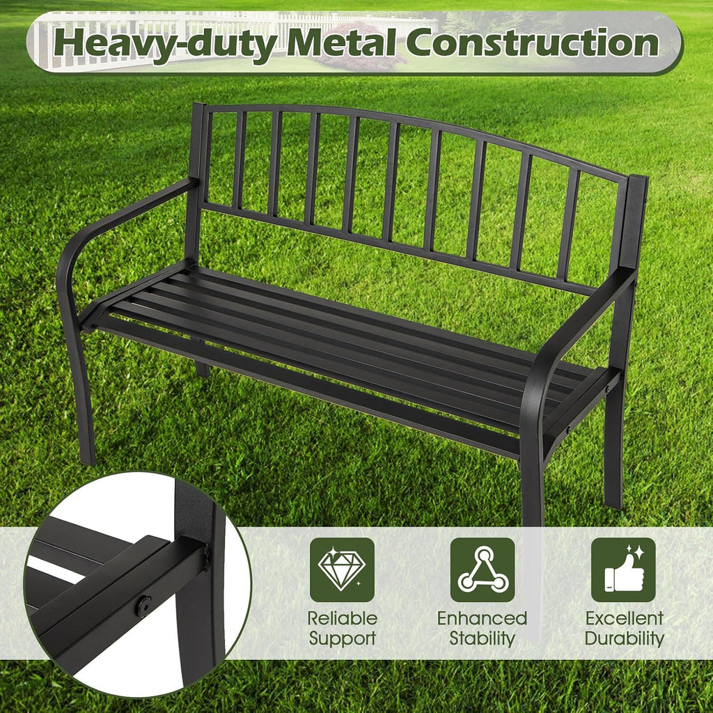Metal Outdoor Bench, Patio Garden Bench with Backrest, Curved Armrests, Slatted Seat for 2-3 Persons, 660 LBS