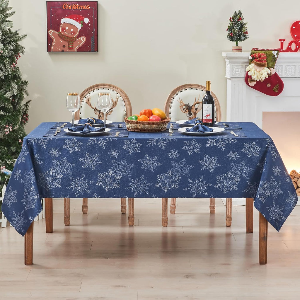 Rectangle Fancy Metallic Sparkling Snowflake Christmas Fabric Table Cloth red Hunter Gold Navy White