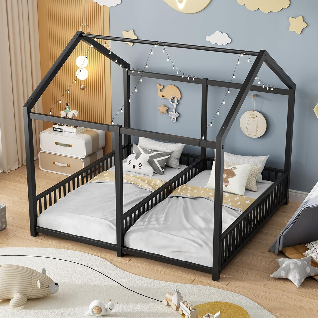 Twin Size Toddler Floor Bed,Double Bed Frames for Two Kids,Black | Montessori Floor Bed with Fence & Roof Design