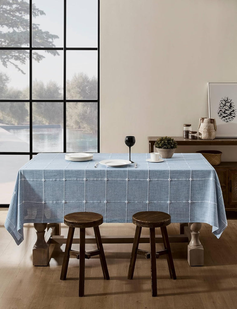 Grid Embroidered Hemmed Tablecloths, Blue 60x120 Inch, Farmhouse Style Heavy Weight Cotton Linen Dus