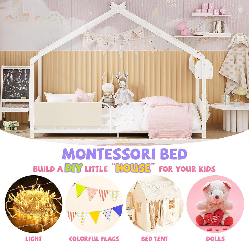 Twin Size House Bed with Storage Rack and Caddy | Montessori House Shape Bed Metal Floor Bedframe for Kids No Box