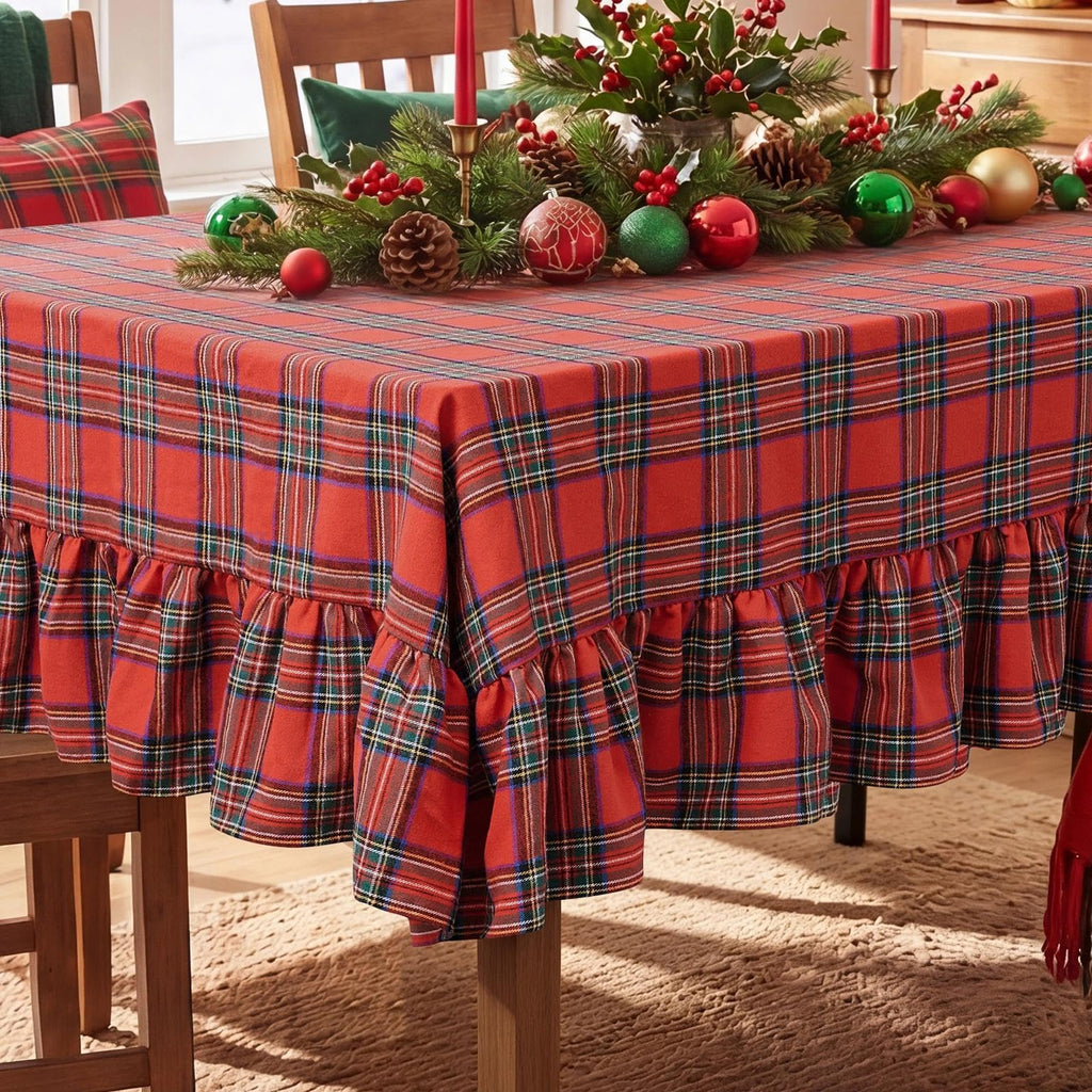 Christmas Plaid Ruffled Tablecloth Rectangle, 60x84 Inch Red