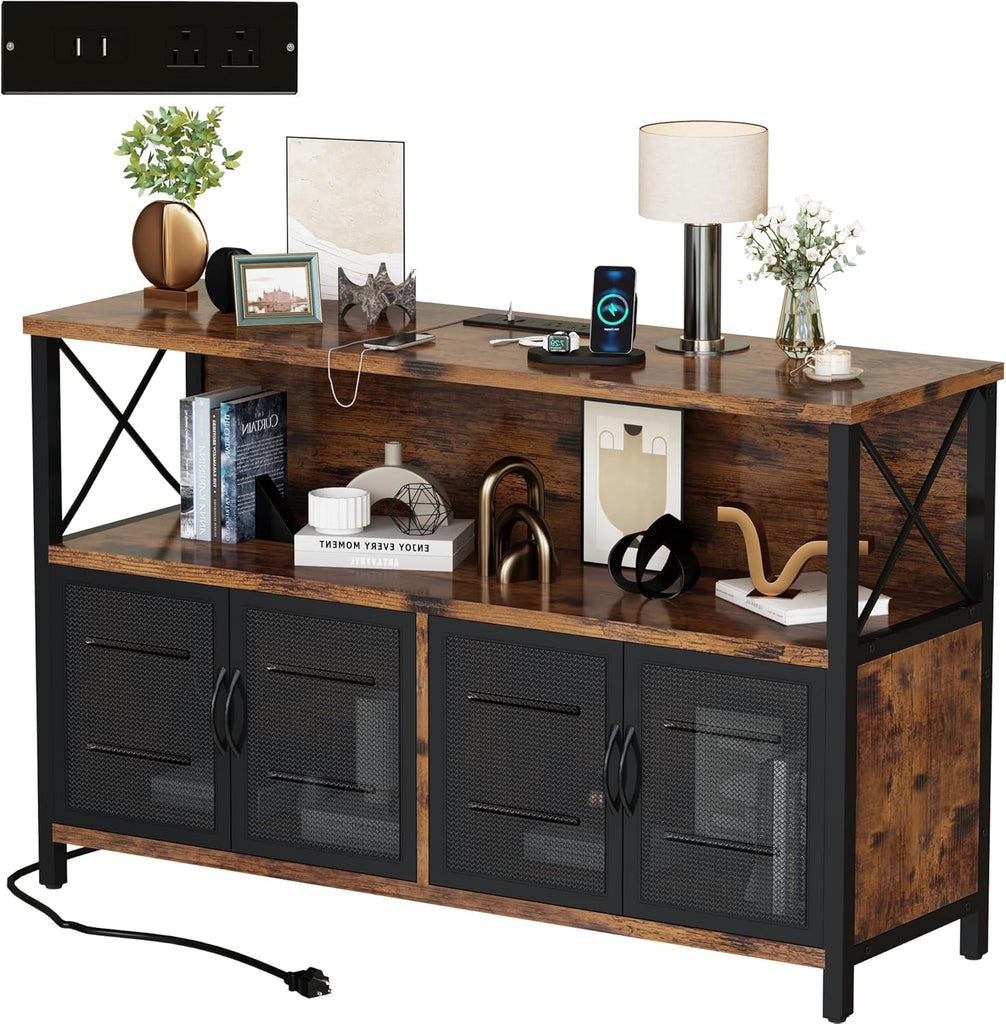 Retro Sideboard Buffet Cabinet with Power Outlet & USB Port, Industrial Wood Farmhouse Coffee Bar Cabinet with Storage