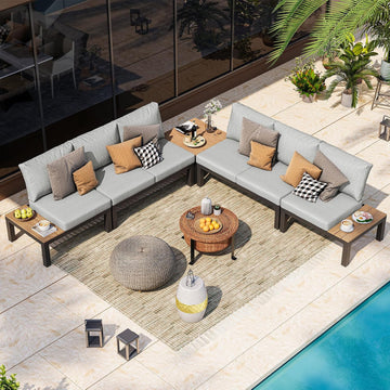 Aluminum Modular Outdoor Patio Furniture Set, 6 Seats Sectional Sofa Set with Adjustable Backrest & Thick Cushions