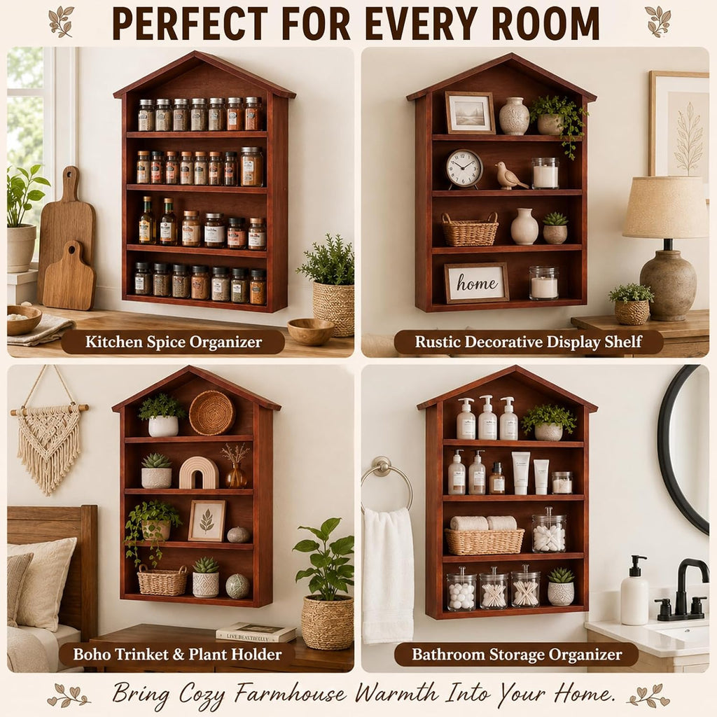 Rustic Natural Wood House Shaped Spice Rack Wall Mounted Floating Shelves Storage Organizer Countertop Farmhouse