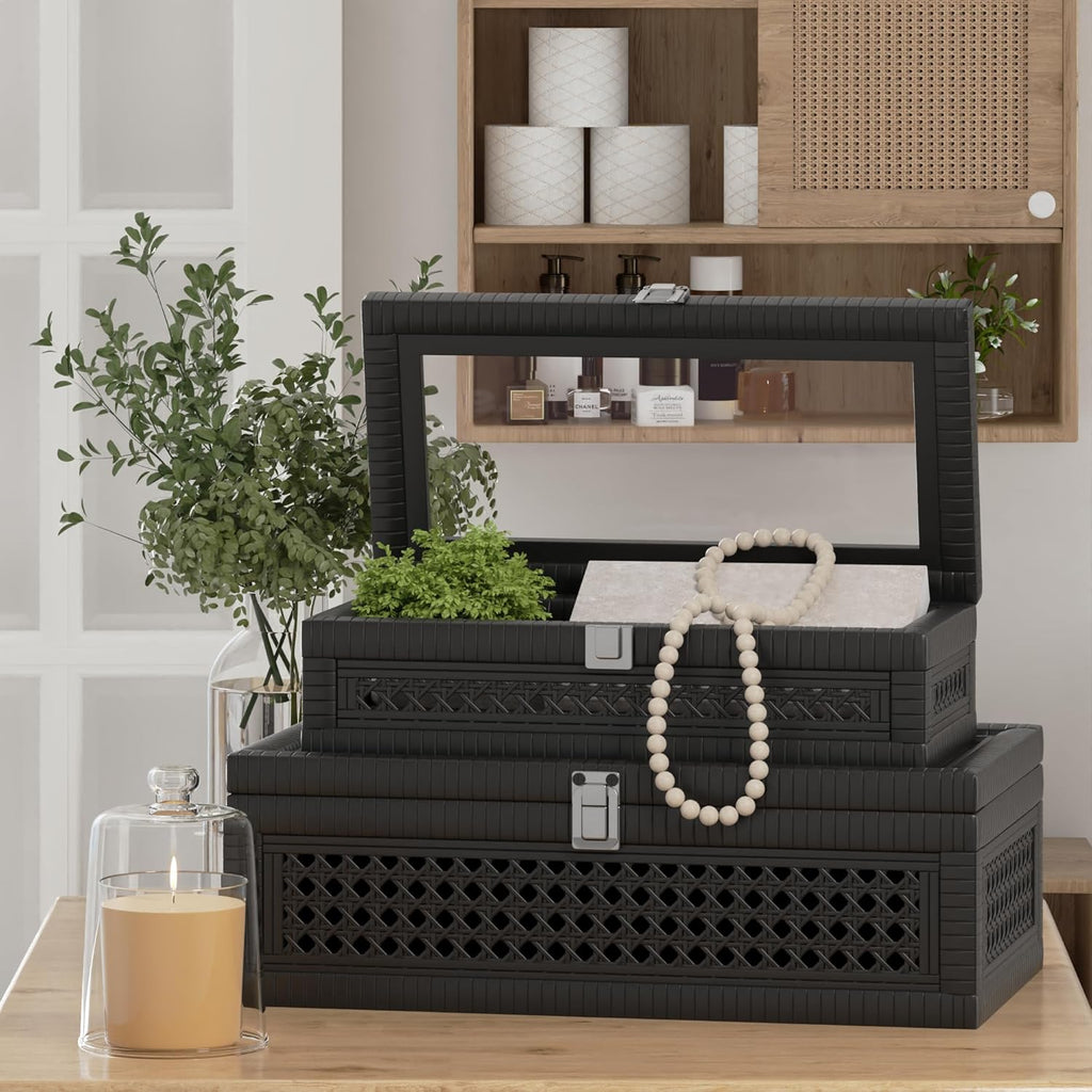 Rattan Decorative Box,Boho Display Boxes with Lids Rectangular Wicker Storage Decoration,Natural Woven Cane - Set of 2