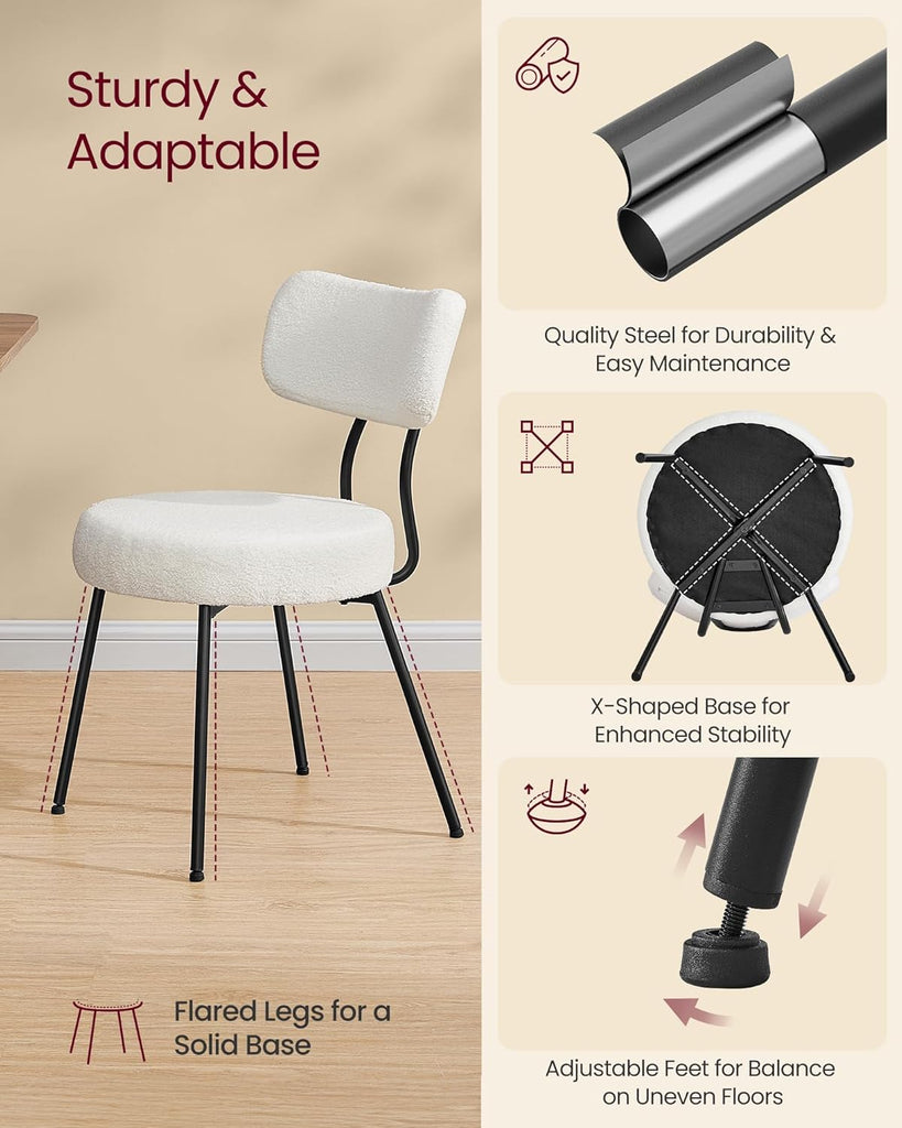 Boucle Dining Chairs Set of 2, Upholstered Kitchen Dining Room Chairs with Curved Backrest and Steel Frame