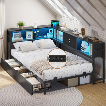 Twin Corner Bed Frame with Bookcase Storage and Led Lights Twin Size Metal Platform Bed Frames with Storage Drawers