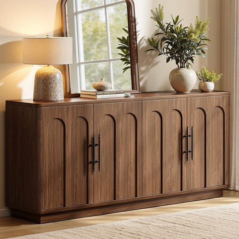 67" Arched Walnut Buffet Cabinet with Storage, Large Credenza with 4 Doors