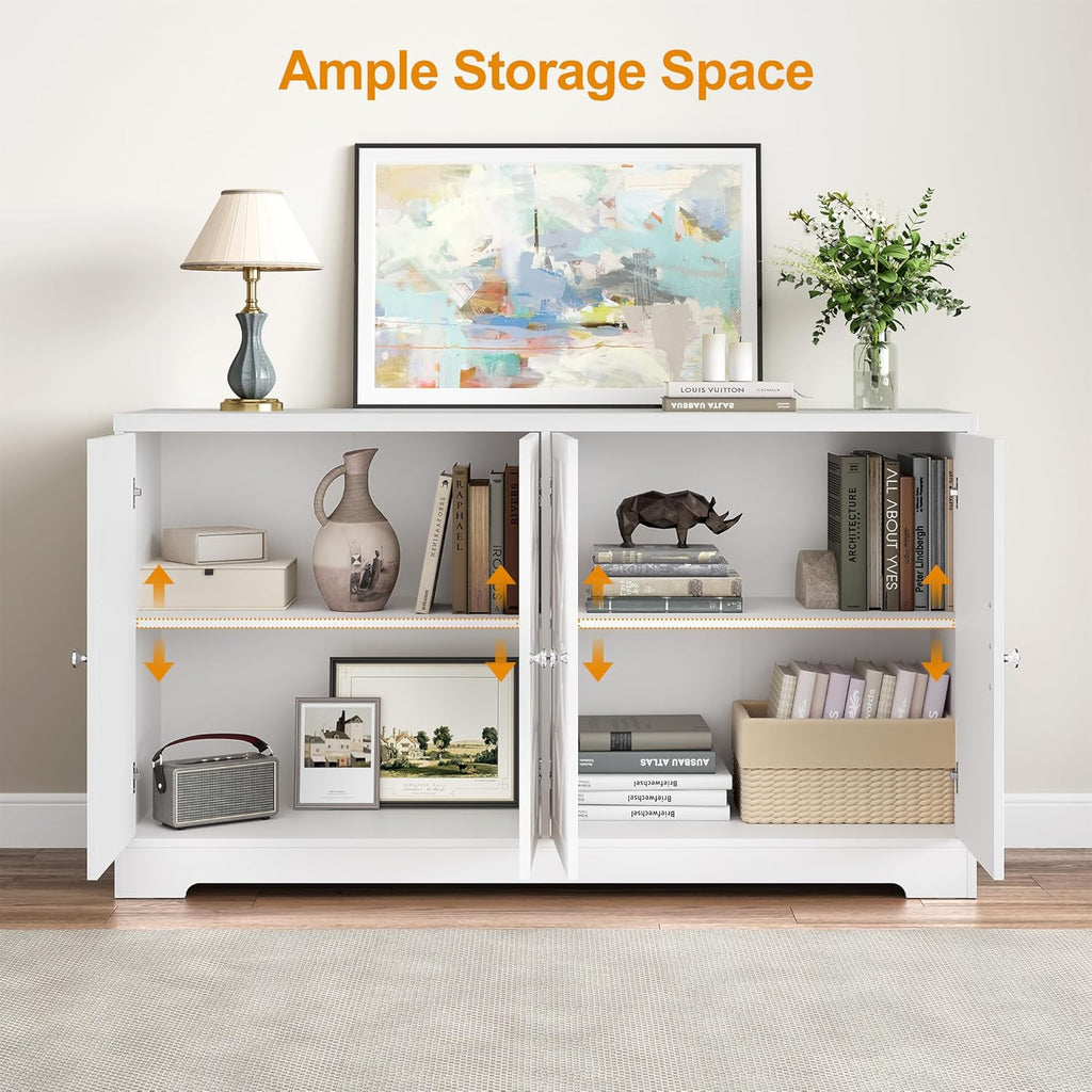 Sideboard Buffet Cabinet with Storage, 56" Modern Sideboard with 4 Carved Doors and Adjustable Shelves