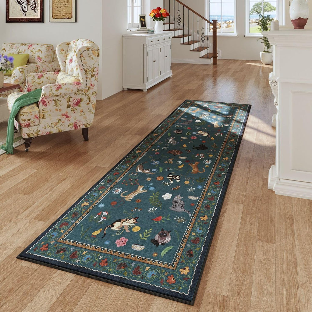 Runner Rug 2'7"x8' Washable Non Slip Floral Cat, Pearl Gentian Blue