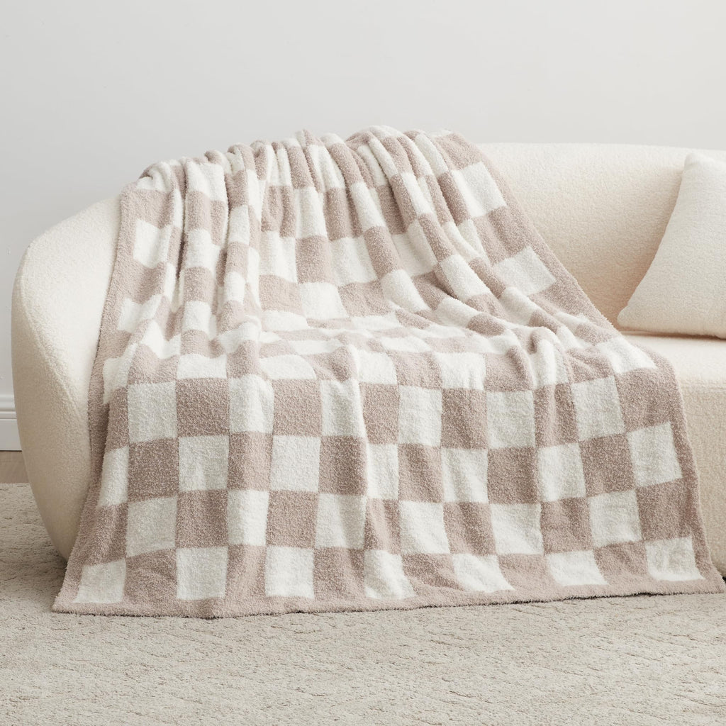 Checkered Throw Blanket, Knitted Blanket with Checkerboard Grid Pattern, Soft Cozy Fluffy Blankets for Couch Bed