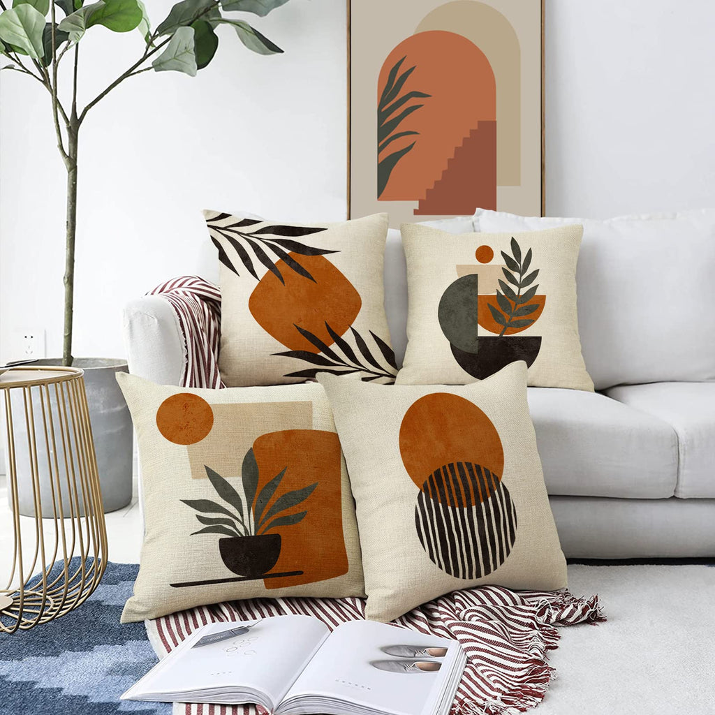 Boho Abstract Sunset Plant Olive Leaves Decorative Throw Pillow