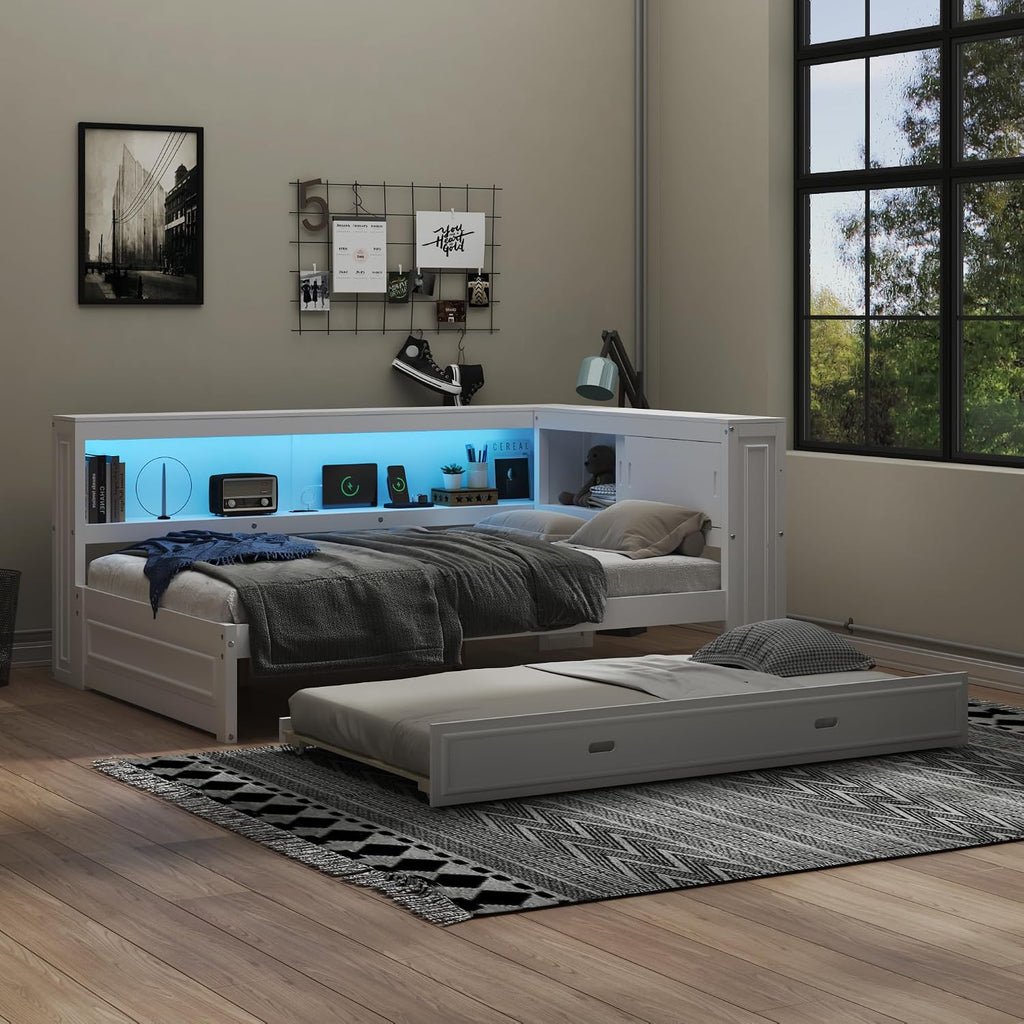 Full Size Corner Daybed with Trundle and Storage, White | L-Shaped Corner Bed with Bookcase, LED Lights & USB Ports