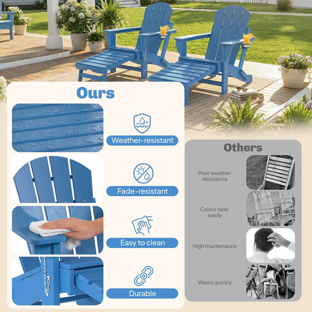 Folding Adirondack Chair Set of 2 with Retractable Ottoman Blue | Outdoor HDPE Fire Pit Chair, Cup Holder, Large
