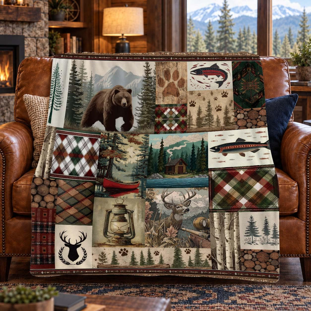 Bear Deer Flannel Blanket for Men, Rustic Cabin Throw, 50x60 Inch