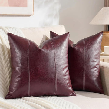 2 Packs Burgundy Faux Leather Decorative Throw Pillow Covers 18x18 Inch Couch Bed Sofa, Farmhouse Boho Home Decor