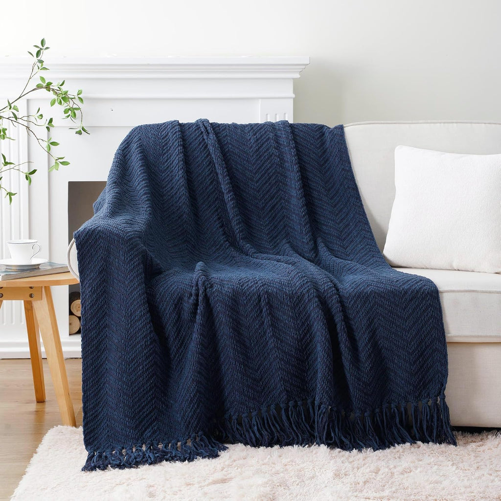 Navy Blue Throw Blanket, Knitted Blue Blanket Throw 50'' x 60'', Super Soft Warm Navy Throws for Chair Sofa Home Decor