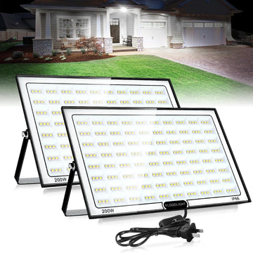 200W Led Flood Light Outdoor, 2 Pack 20000LM Bright Floodlight Outside Work Light with Plug, 6500-7000K Daylight