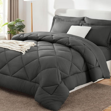 Comforter Set Dark Grey - Bed in a Bag 7 Pieces, Luxury Soft Bed Set for All Seasons