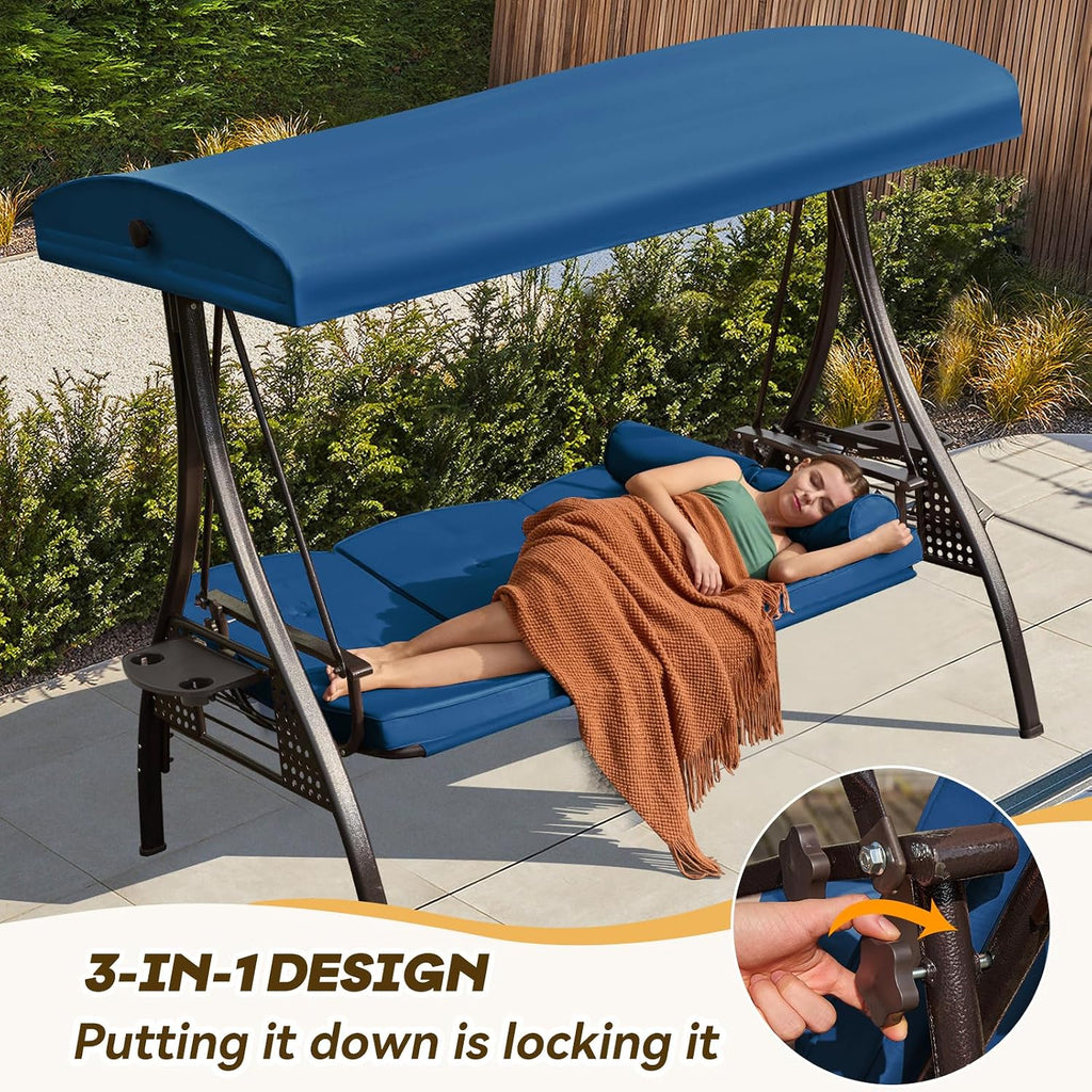 3 in 1 Outdoor Porch Swing with Adjustable Canopy, 3 Seat Outdoor Swing for Adults, Patio Swing Chair with Thickened
