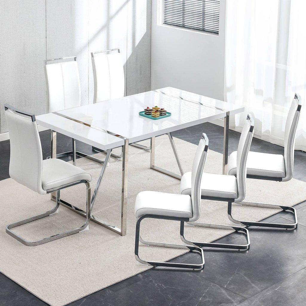 Dining Table Set for 6, White Rectangular MDF Kitchen Table and Leather Dining Chairs Set of 6, 7 Piece Dining Table
