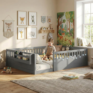 Montessori Floor Bed with High Rails,Full Size Floor Bed Frame for Kids, LED Lights & Storage Shelf, Safe & Wider