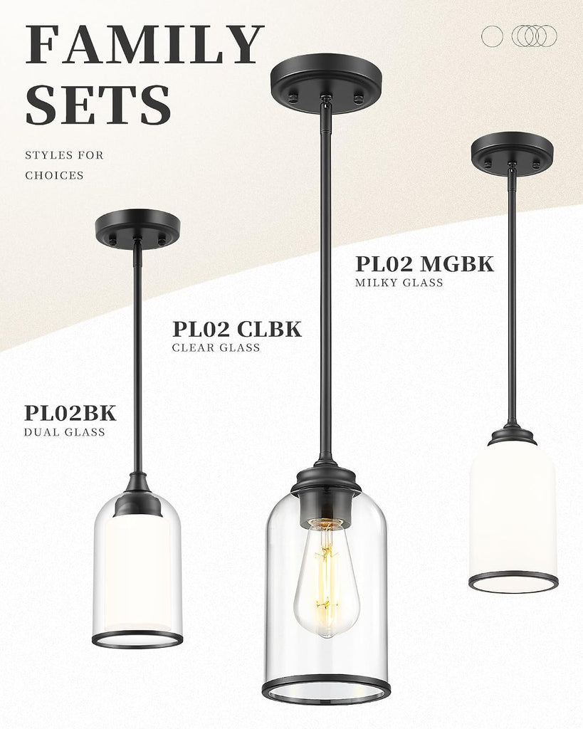 2 Pack Pendant Lights Kitchen Island, Dual Glass Pendant Lights, Black Hanging Lamp with Clear and Milk Glass