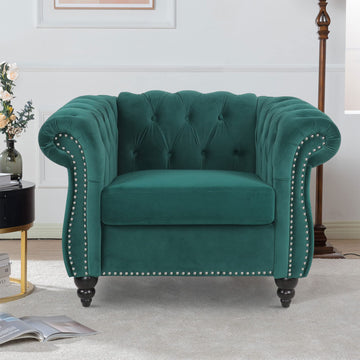 Velvet Chesterfield Chair, Mid-Century Modern Single Sofa Chair with Button Tufted Backrest and Nailhead Decor