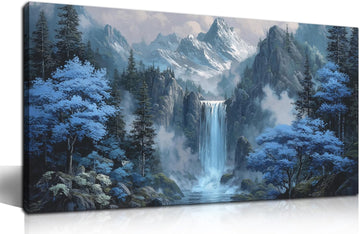 Blue Tree Forest Waterfall Wall Art Nature Landscape Canvas Print Painting Modern Home Office Living Room Decor