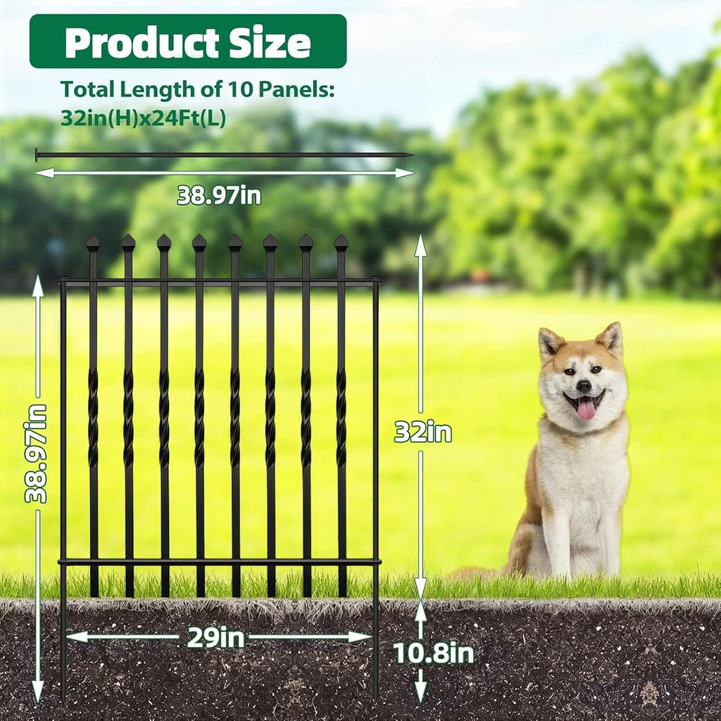 10 Panels Decorative Garden Fence, 32in(H)×24Ft(L) Heavy Duty Twist Outdoor Dog Fence Rustproof Metal Square Tube No