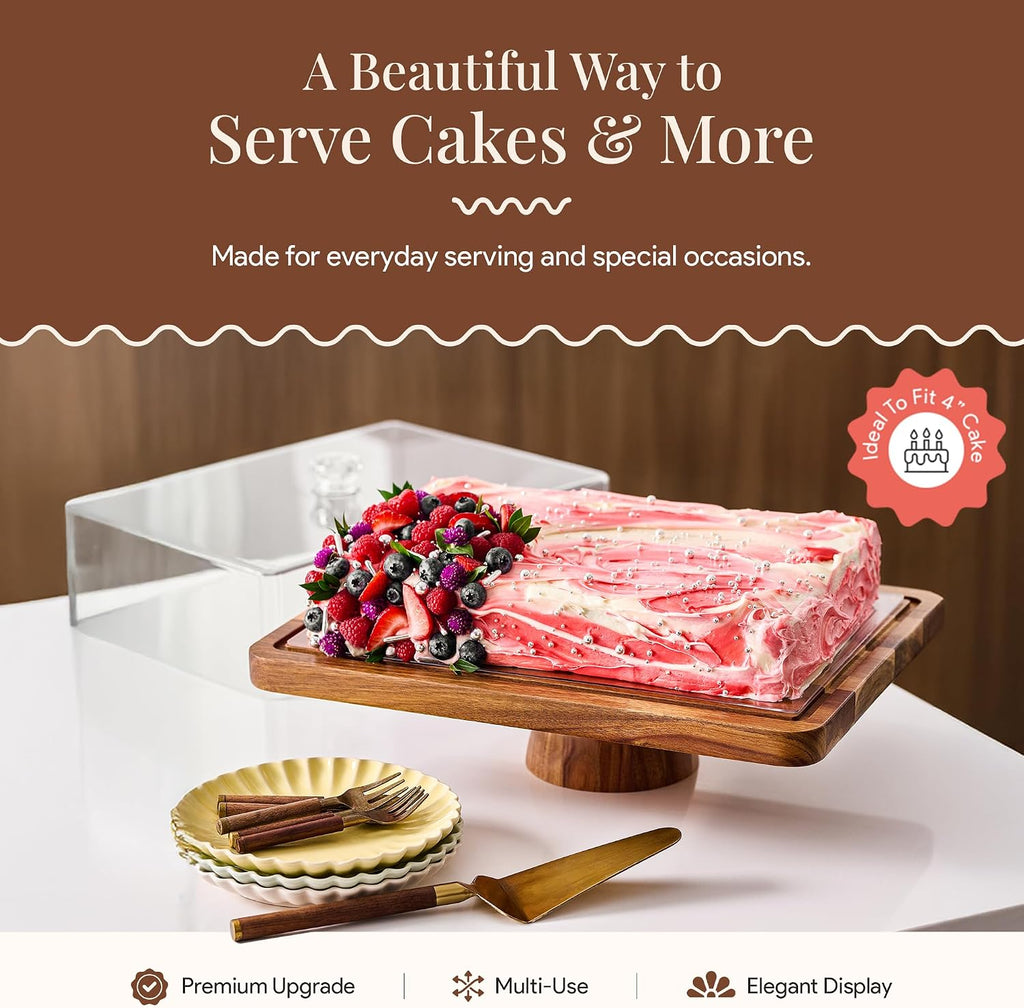 Acacia Wood Cake Stand with Lid, 2-in-1 Charcuterie Board, 17x13 | Rectangular Pastry Display Case & Charcuterie