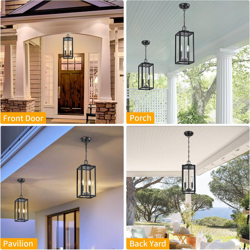 Large Outdoor Pendant Light 2-Light, 15'' Dusk to Dawn Modern Black Metal Outside Chandelier Exterior Hanging Fixture
