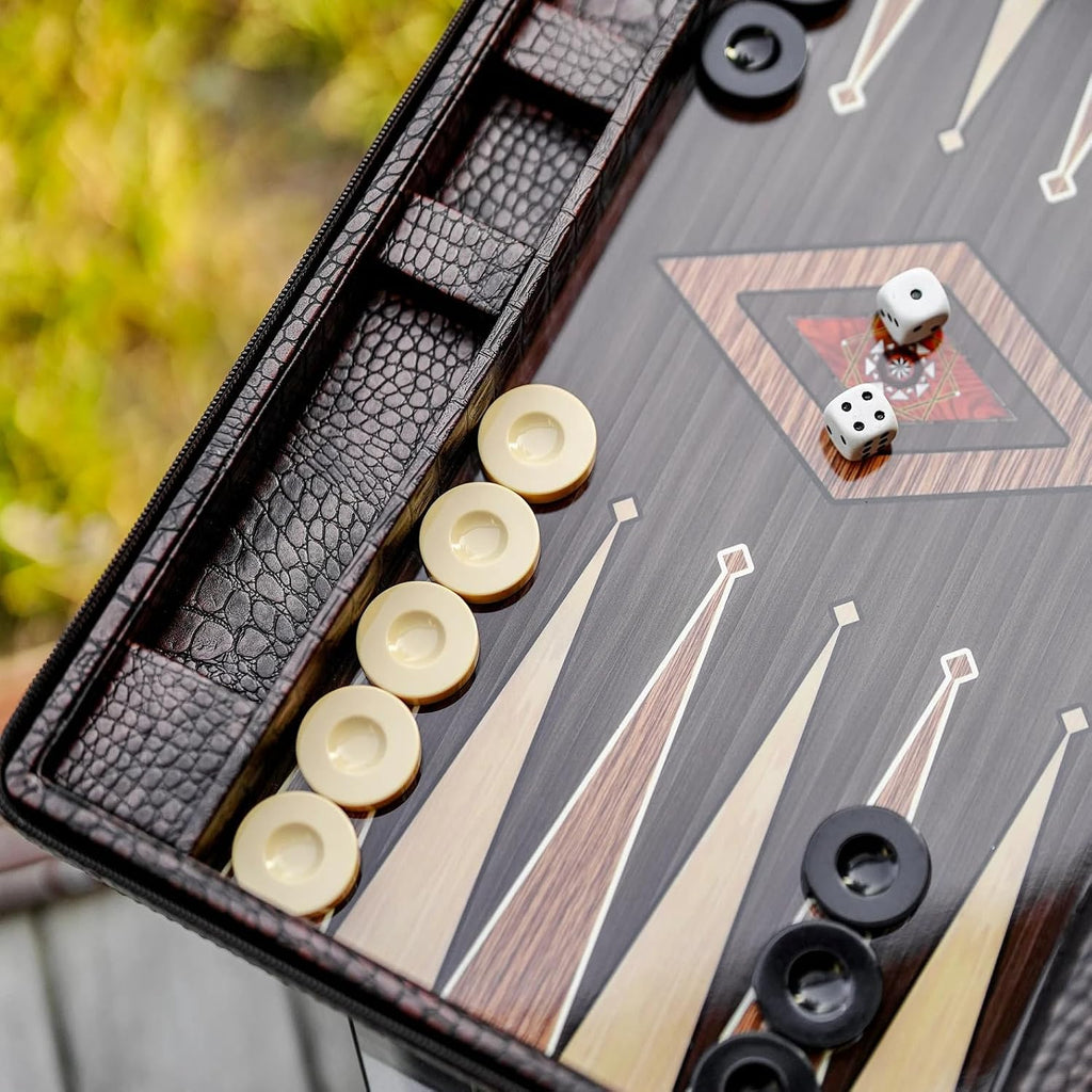 Personalized Leather Backgammon Set - Handmade Wooden Board Game with Carrying Case - Custom, Birthday Gift - Set of 37